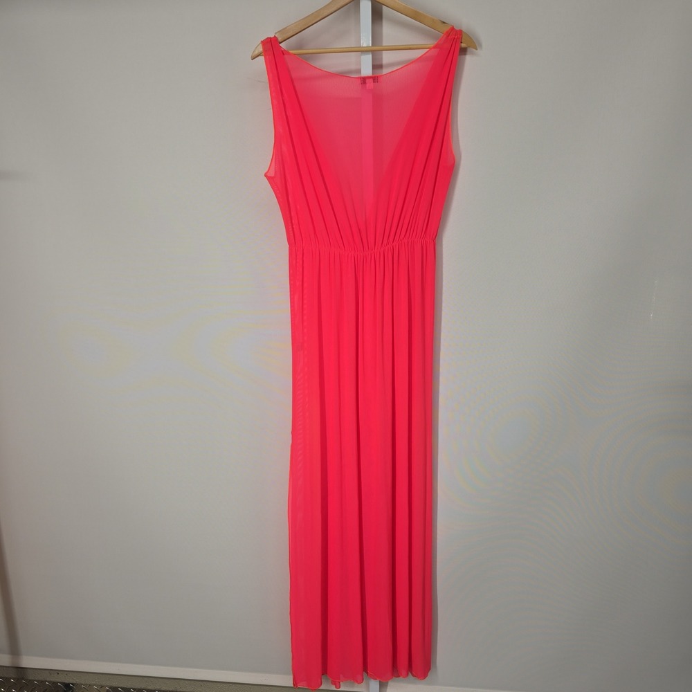 Surfstyle Resort Neon Pink Mesh Maxi Dress Coverup OS High Slit Tie Front